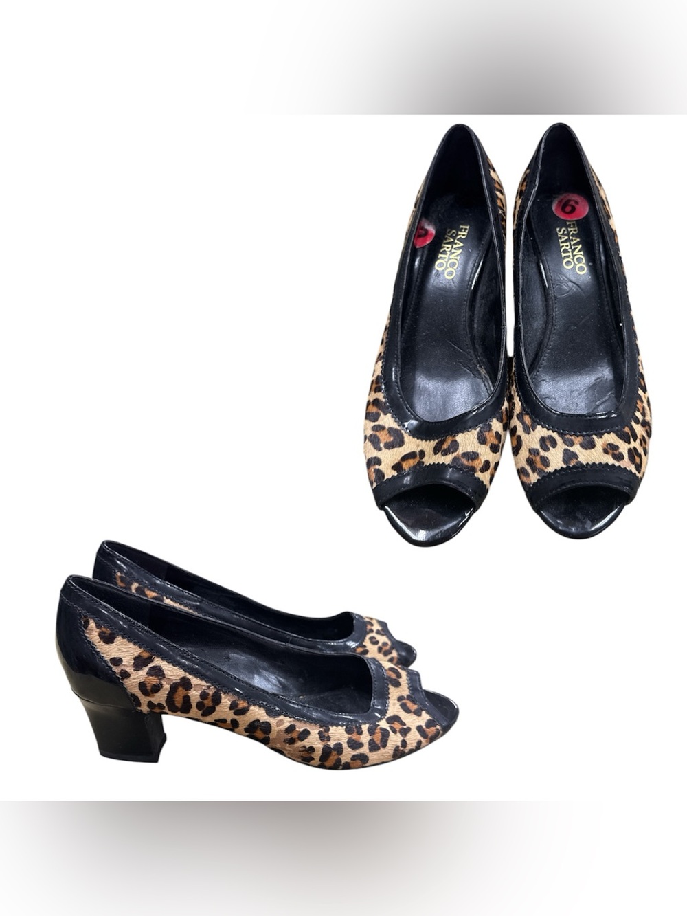 Franco Sarto Leopard Print Peep-Toe Heels in Tan and Black S6